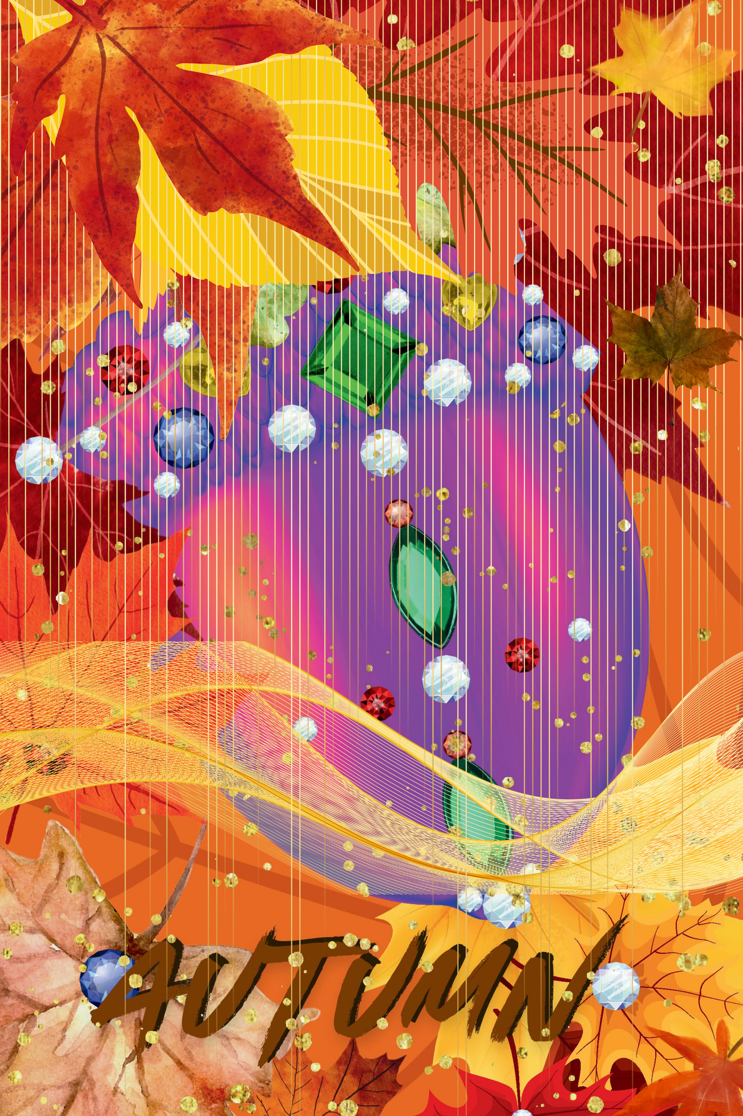 Autumn sparkly acorn wall art print surrounded by colorful fall leaves with gemstone accents, instant digital download