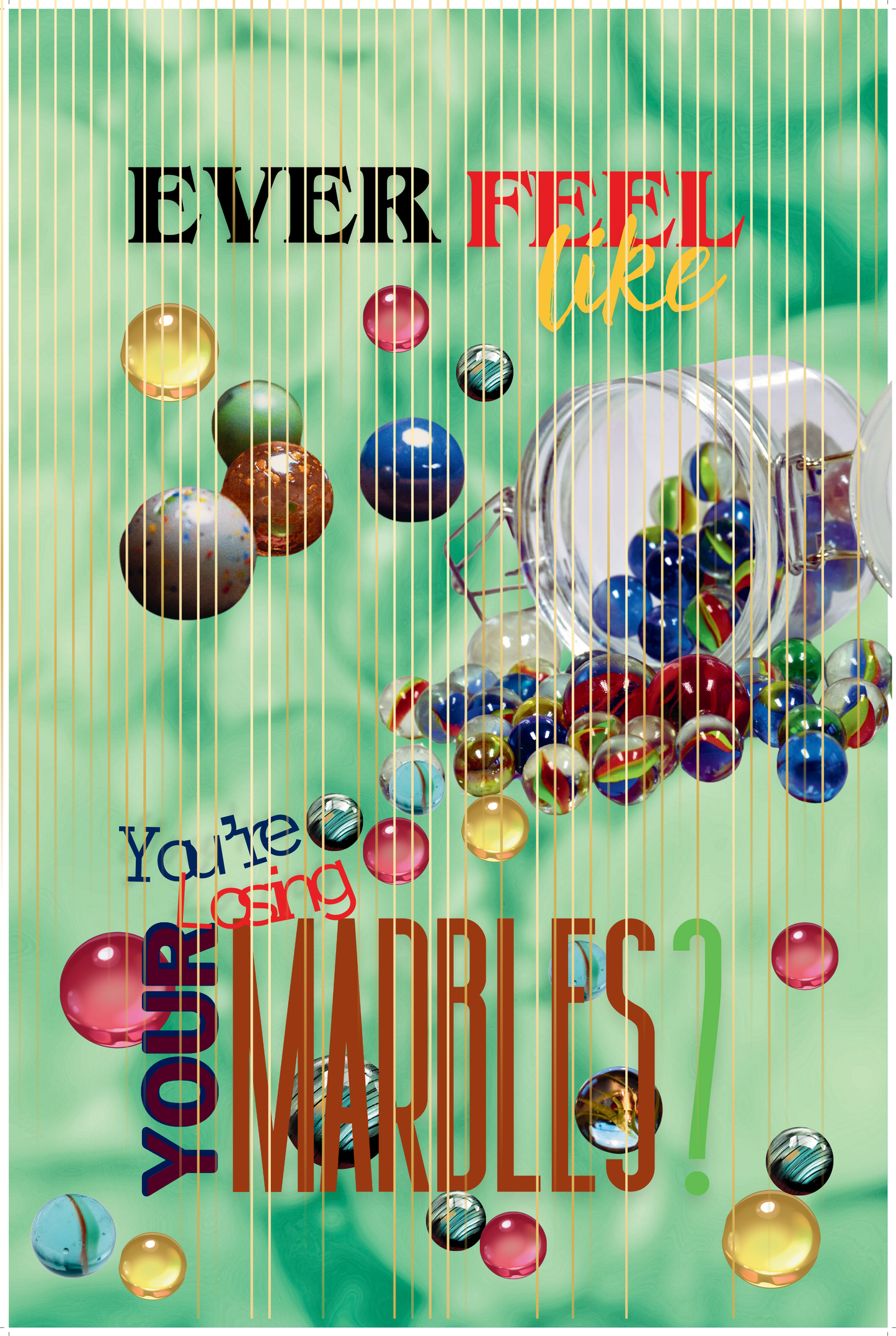 Losing Your Marbles funny digital wall art print — spilled marble jar with marbles flying everywhere on green background with gold curtain, 24x36"