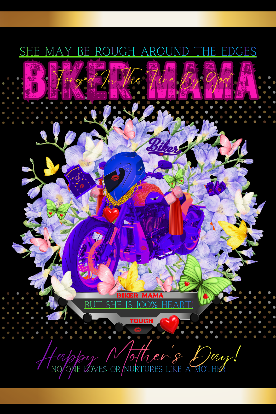 Colorful graphic with text and a motorcycle design on a black background