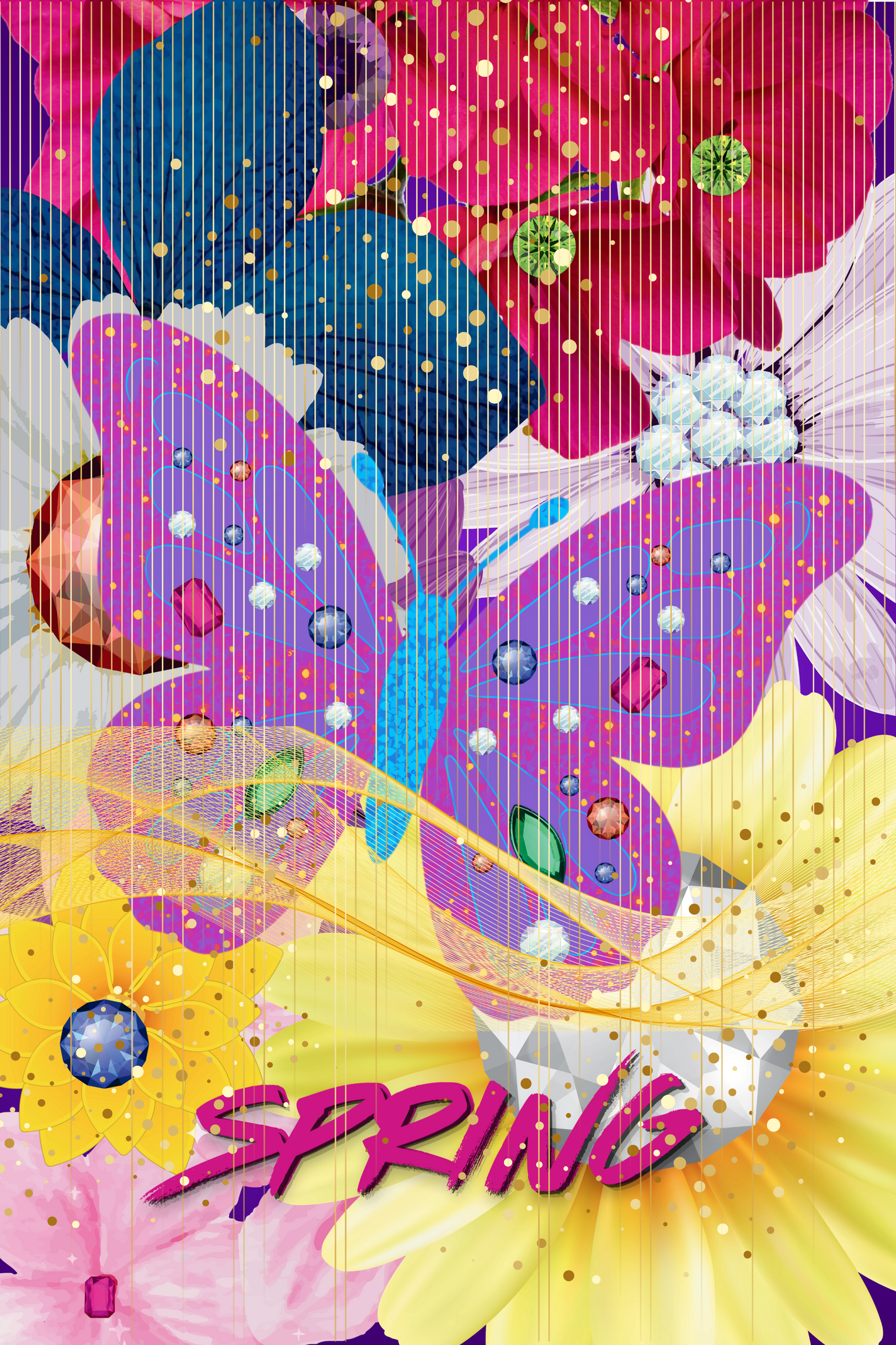 Spring Sparkly Butterfly – Gemstone-adorned butterfly on jeweled spring florals, 24x36 digital wall art print by Divine Creations