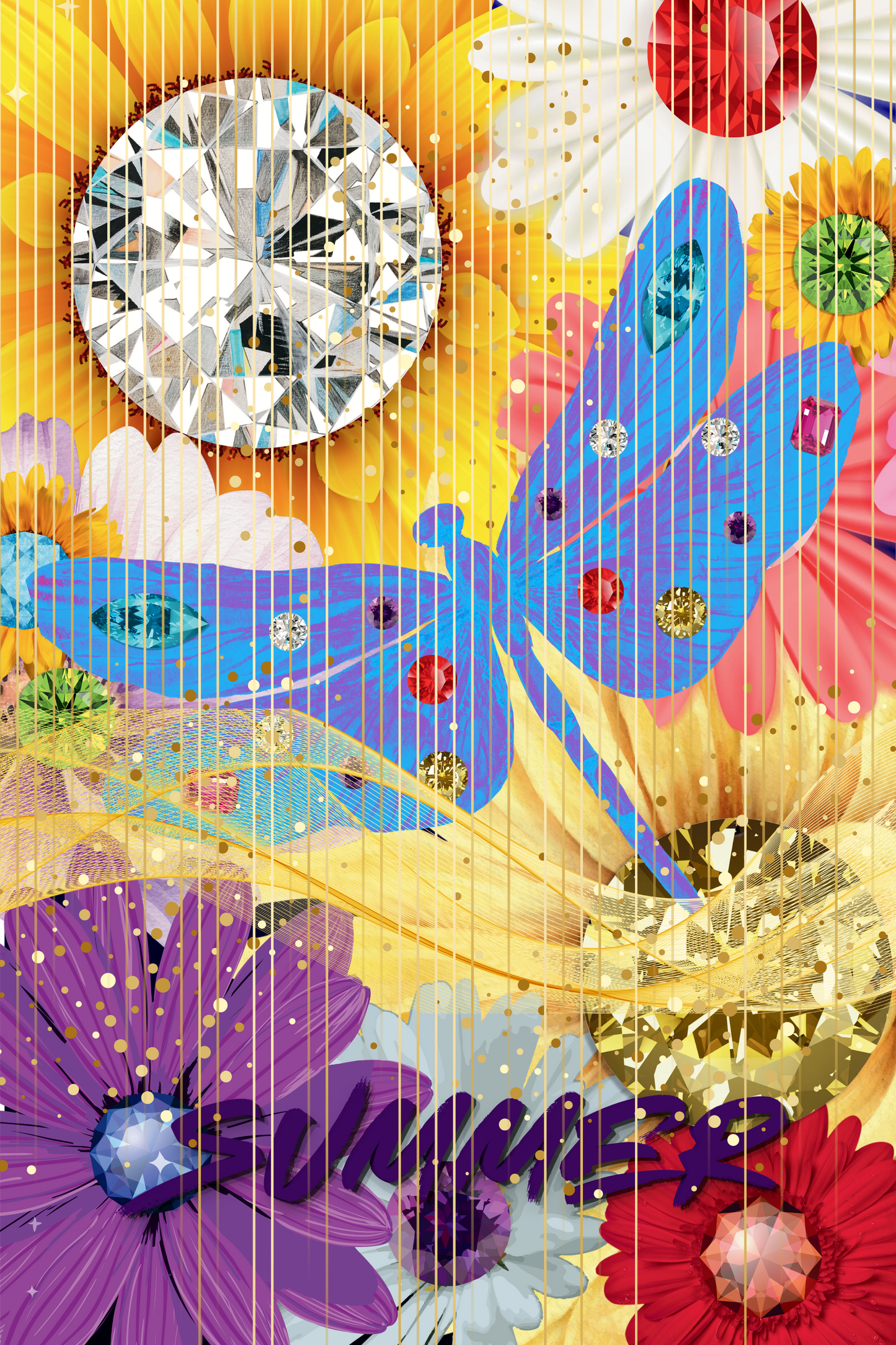 Summer sparkly dragonfly wall art print with shimmering wings and vibrant seasonal colors, instant digital download