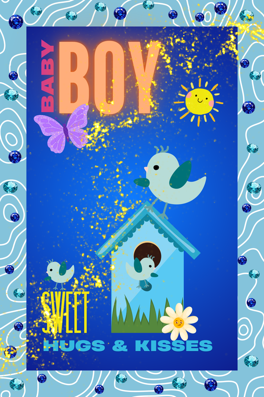 Baby Boy Birdie digital wall art print — mama bird and babies at birdhouse, blue layered background with gold swirls and purple butterfly, 24x36"