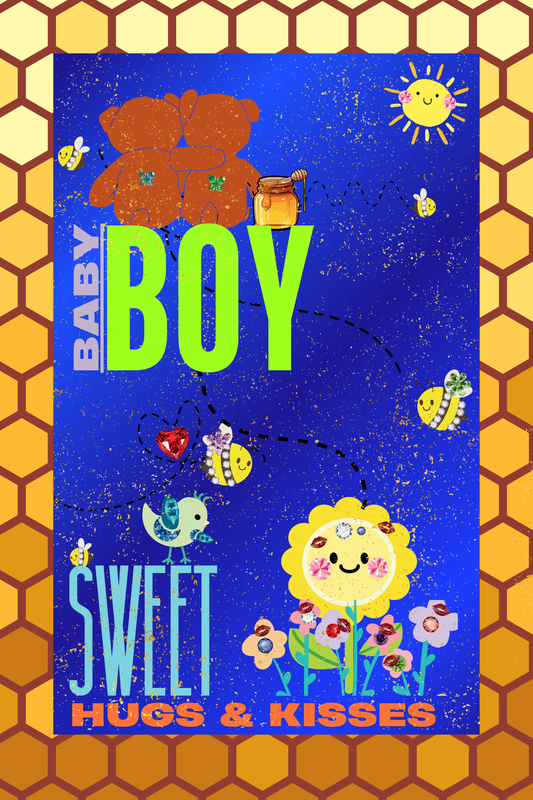 Baby Boy Hugs and Kisses digital wall art print — bears with honey pot, gemstone flowers, bees and birdie on metallic blue background with golden beehive pattern, 24x36"