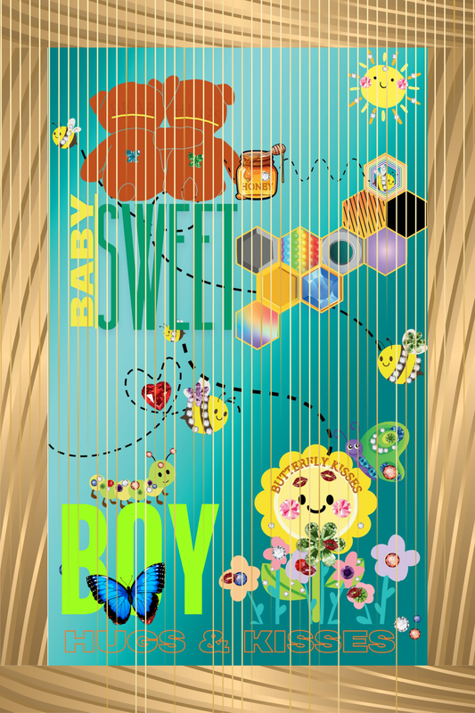 Baby Boy Hugs & Kisses Option 2 digital wall art print — honeycomb graphic with colorful elements, caterpillar, diagonal metal frame border, gold curtain overlay, dark blue metallic background, 24x36"
