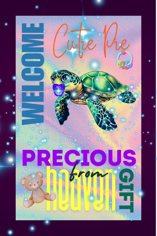 Baby sea turtle digital wall art print — colorful kaleidoscope ocean background with glowing blue lights, pacifier, and teddy bear, 24x36"