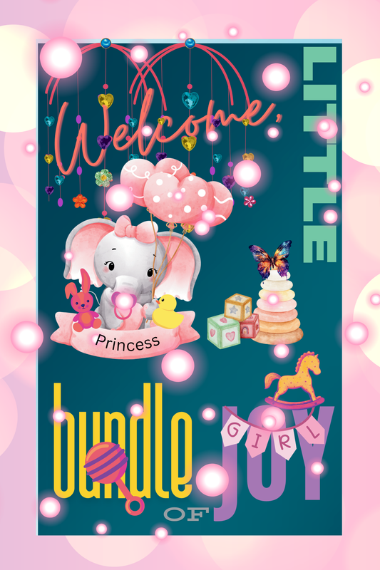 Baby Girl Elephant digital wall art print — baby pink elephant with balloons, toys, and gemstone mobile on teal background with glowing spheres, 24x36"