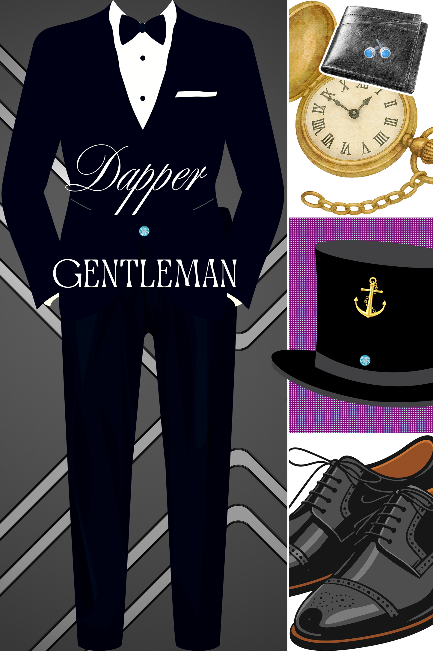 A stylish grid layout featuring men's fashion outfit and accessories including clothing, shoes, and accessories arranged in elegant boxes — 24x36 digital wall art print instant download