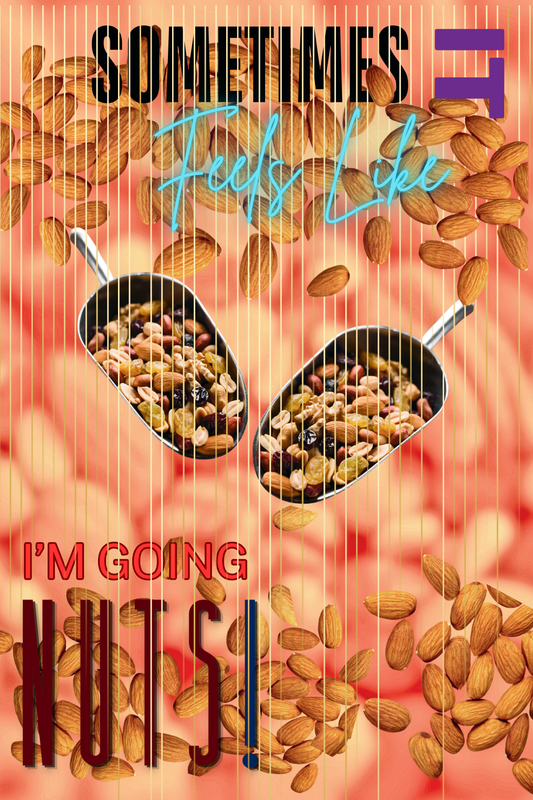 Going Nuts funny digital wall art print — overflowing scoops of nuts on pink background with gold curtain, 24x36"