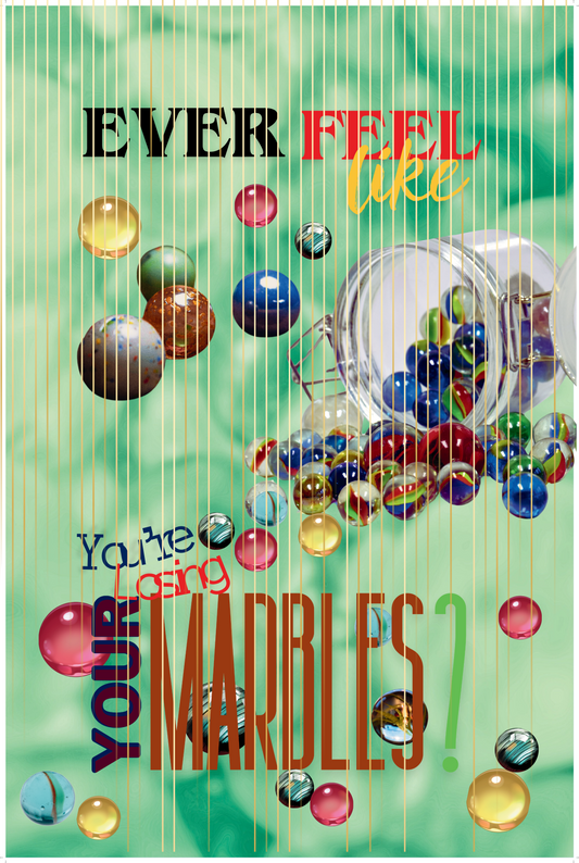 Losing Your Marbles funny digital wall art print — spilled marble jar with marbles flying everywhere on green background with gold curtain, 24x36"