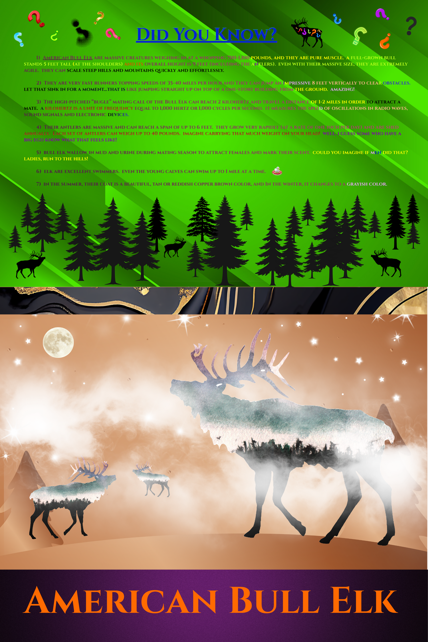 Premium wildlife digital wall art print featuring the American Bull Elk — a stunning two-scene composition with silhouette art, fun elk facts, copper and purple metallic backgrounds, and a bright full moon. Instant download, 24x36 inches.