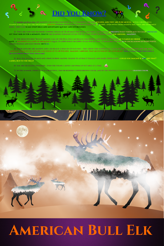Premium wildlife digital wall art print featuring the American Bull Elk — a stunning two-scene composition with silhouette art, fun elk facts, copper and purple metallic backgrounds, and a bright full moon. Instant download, 24x36 inches.