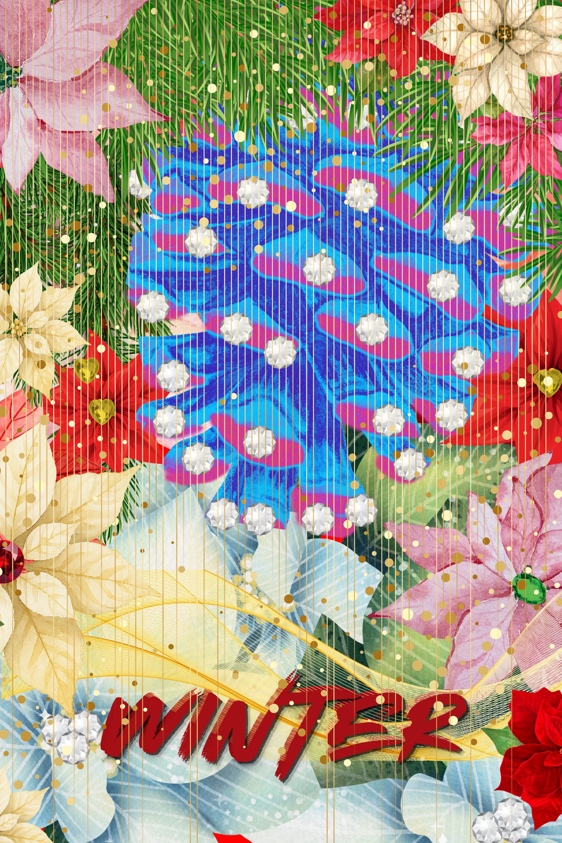 Winter sparkly pinecone wall art print with white diamond accents and colorful poinsettias, instant digital download